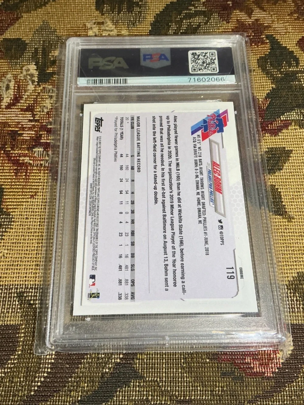 2021 Topps Chrome Baseball Alec Bohm #119 Graded PSA 10 MLB Rookie card